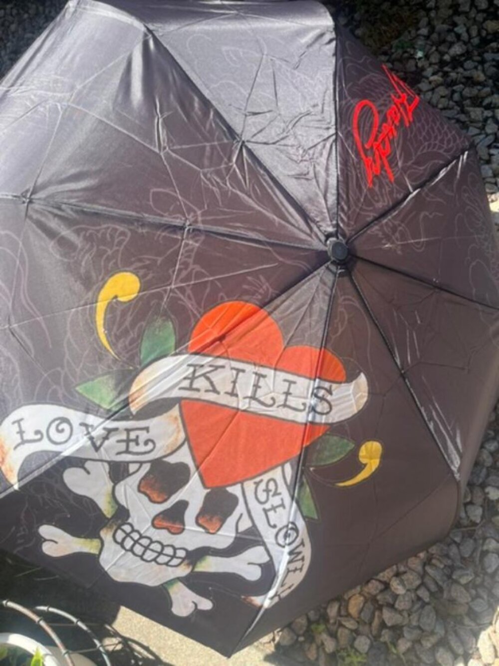 Ed Hardy Black Umbrella with Red Heart and White Skull Graphic